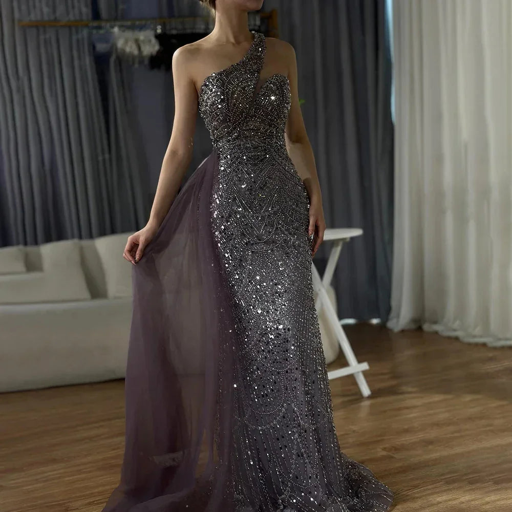 Luxury Dubai Purple One Shoulder Saudi Arabic Evening Gown with Beaded Side Overskirt Dress for Formal Occasion LA72735