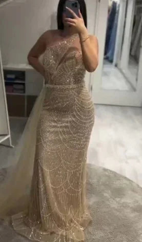 Luxury Dubai Purple One Shoulder Saudi Arabic Evening Gown with Beaded Side Overskirt Dress for Formal Occasion LA72735