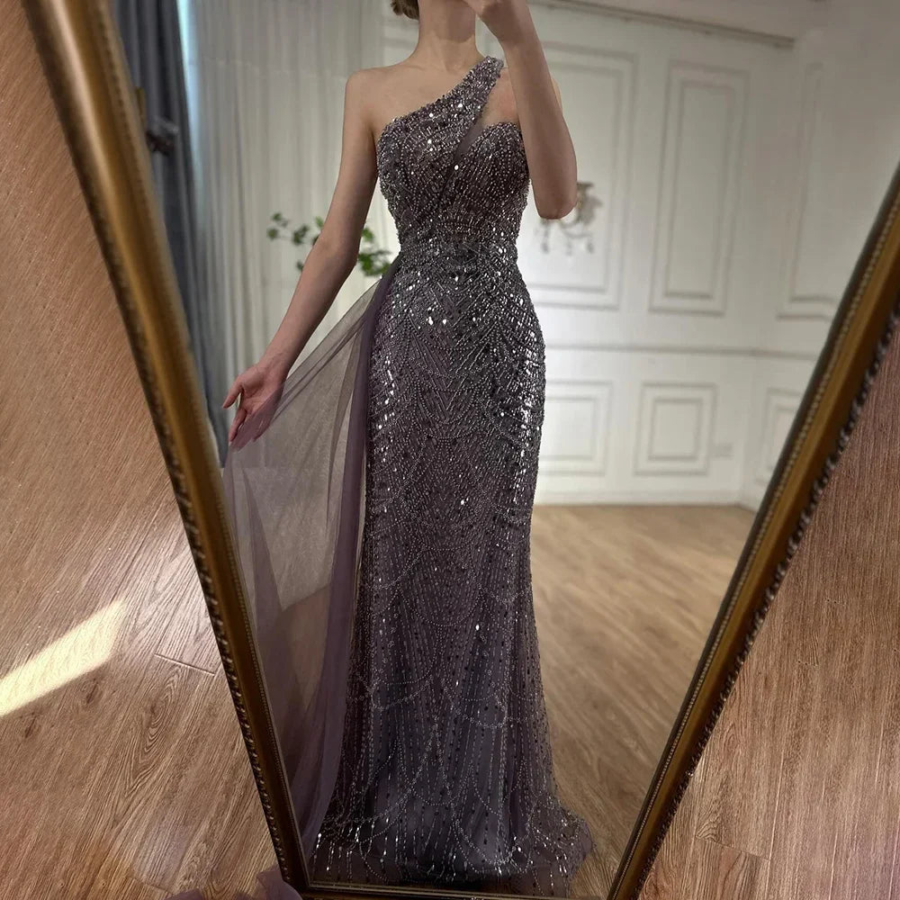 Luxury Dubai Purple One Shoulder Saudi Arabic Evening Gown with Beaded Side Overskirt Dress for Formal Occasion LA72735