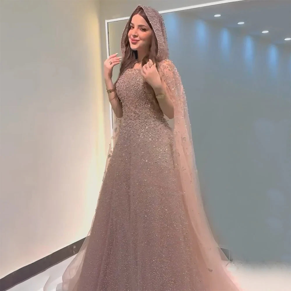 Luxury Dubai Saudi Arabic Turquoise Evening Gown with Beaded Dress and Elegant Hooded Cape for Formal Occasion LA72659A