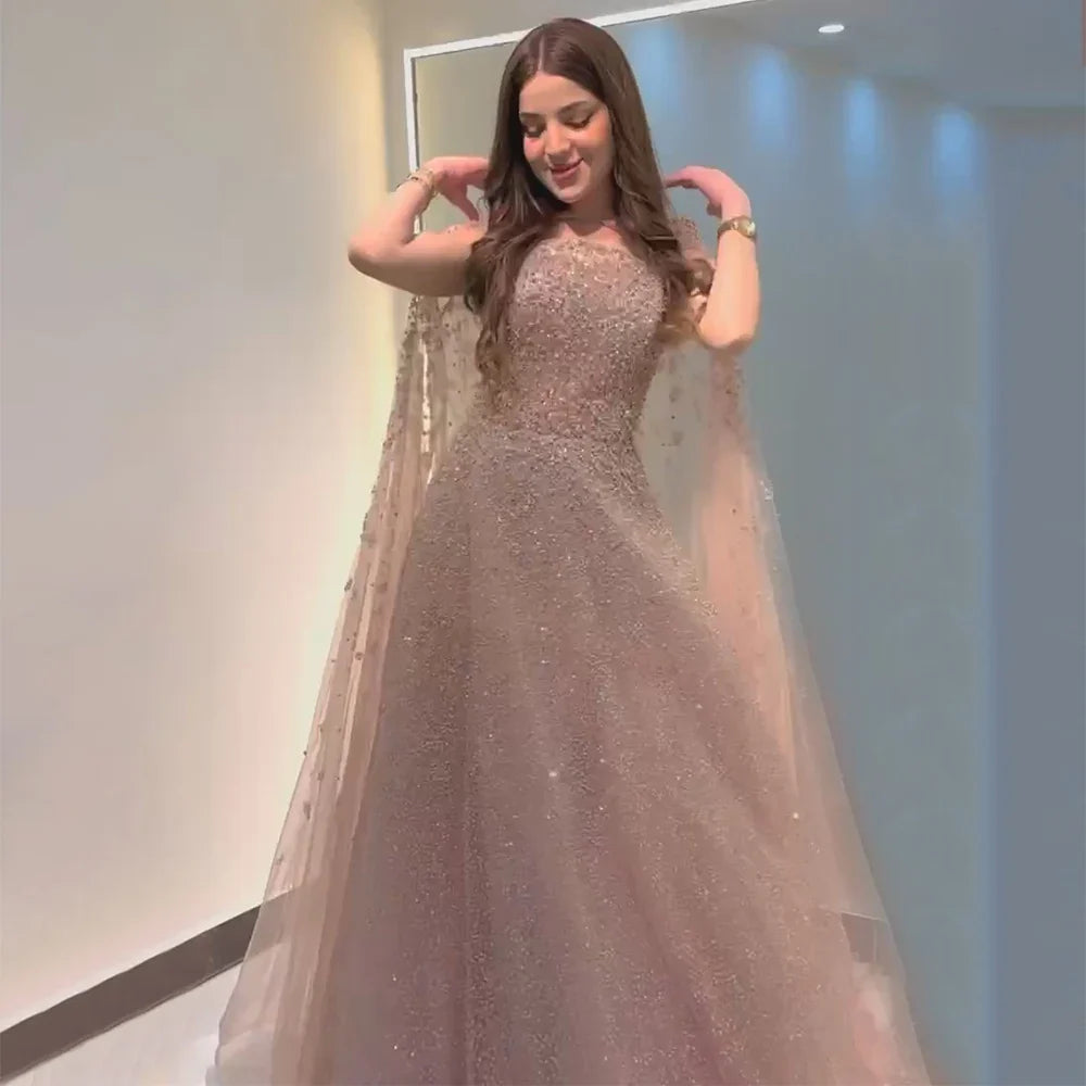 Luxury Dubai Saudi Arabic Turquoise Evening Gown with Beaded Dress and Elegant Hooded Cape for Formal Occasion LA72659A