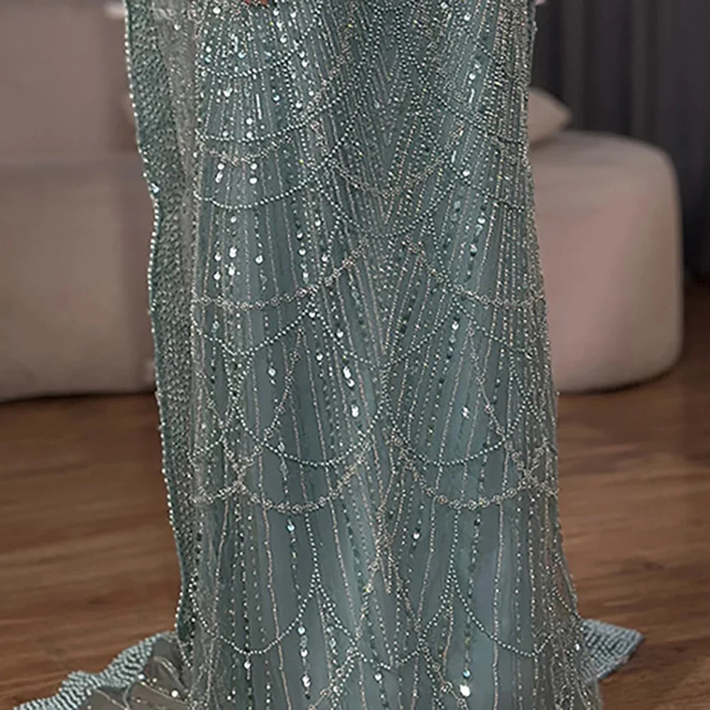 Luxury Dubai Blue Mermaid Cape Sleeve Beaded Evening Gown LA72160A