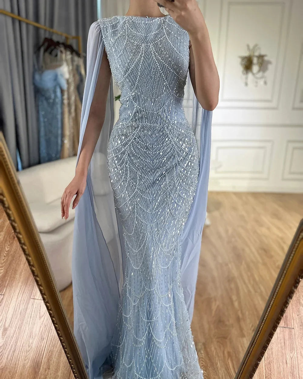 Luxury Dubai Blue Mermaid Cape Sleeve Beaded Evening Gown LA72160A