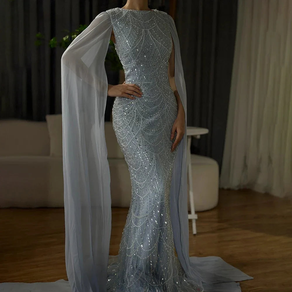 Luxury Dubai Blue Mermaid Cape Sleeve Beaded Evening Gown LA72160A