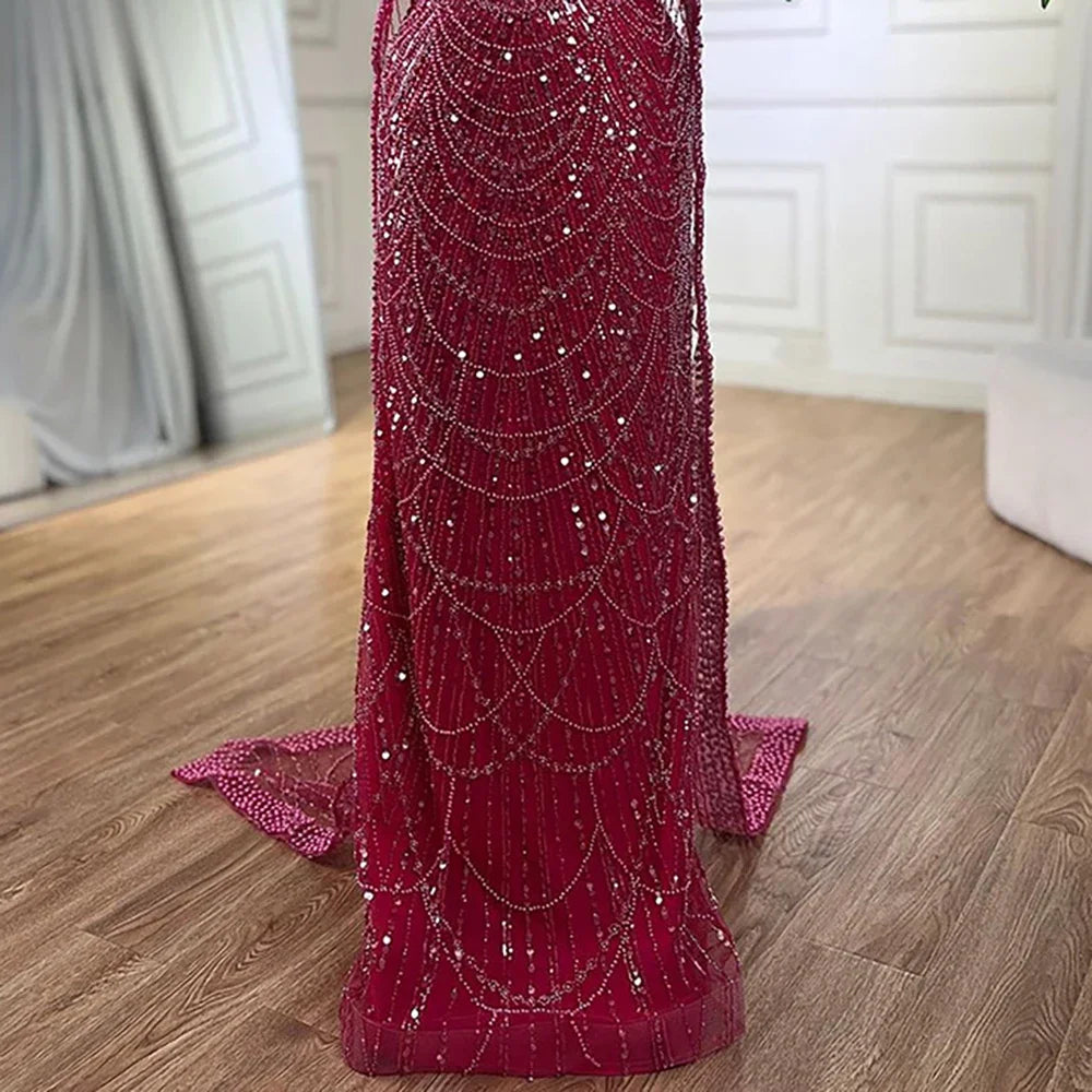 Luxury Dubai Blue Mermaid Cape Sleeve Beaded Evening Gown LA72160A