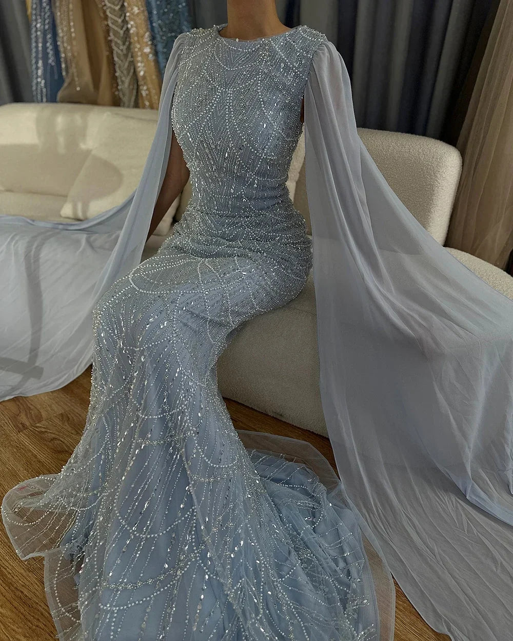 Luxury Dubai Blue Mermaid Cape Sleeve Beaded Evening Gown LA72160A