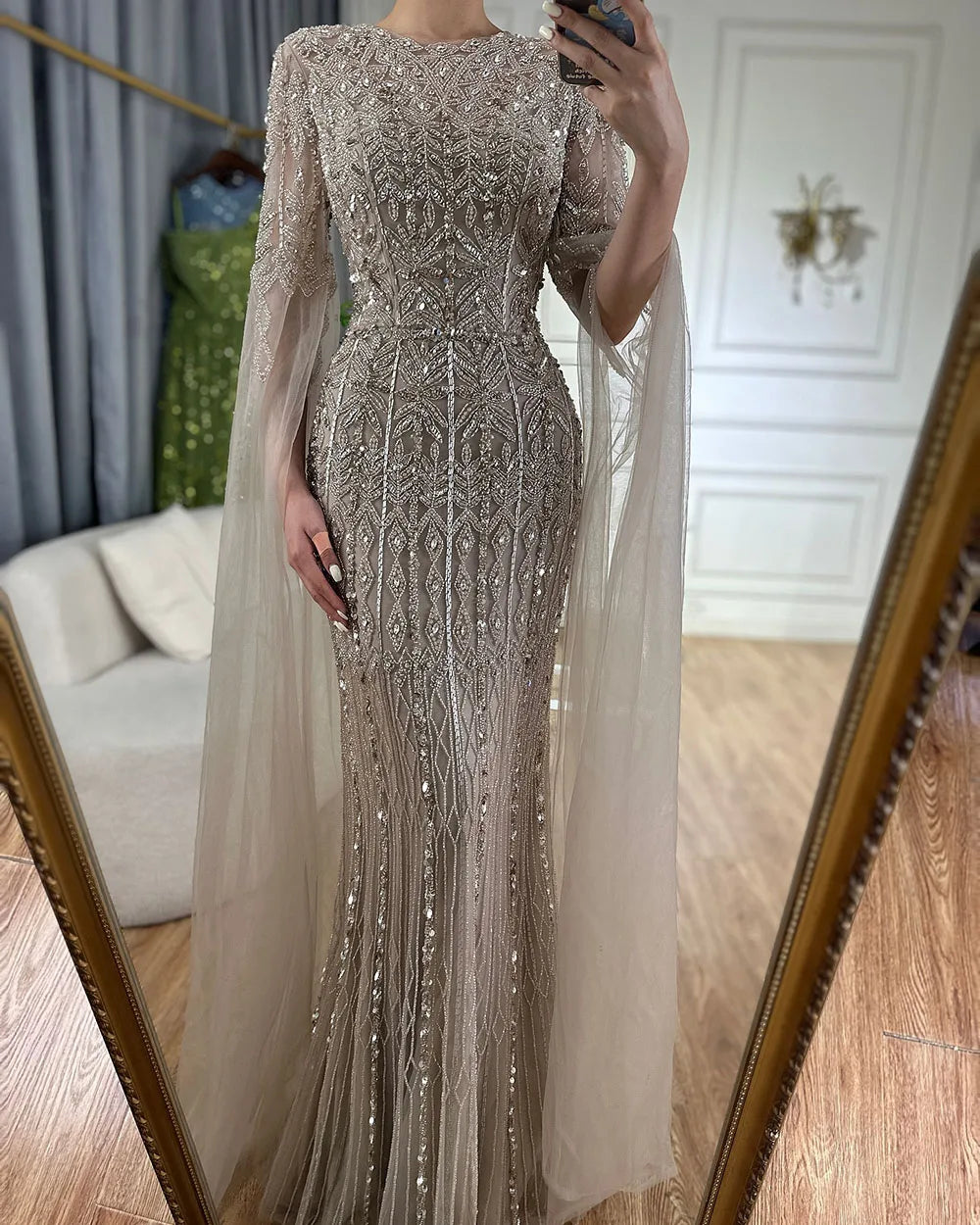 Dubai Caramel Elegant Cape Sleeve Luxury Beaded Evening Gown LA72775
