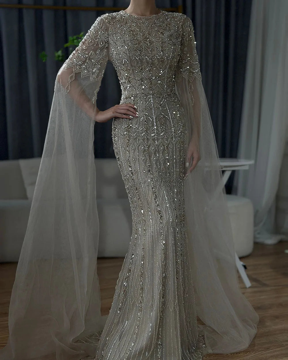 Dubai Caramel Elegant Cape Sleeve Luxury Beaded Evening Gown LA72775