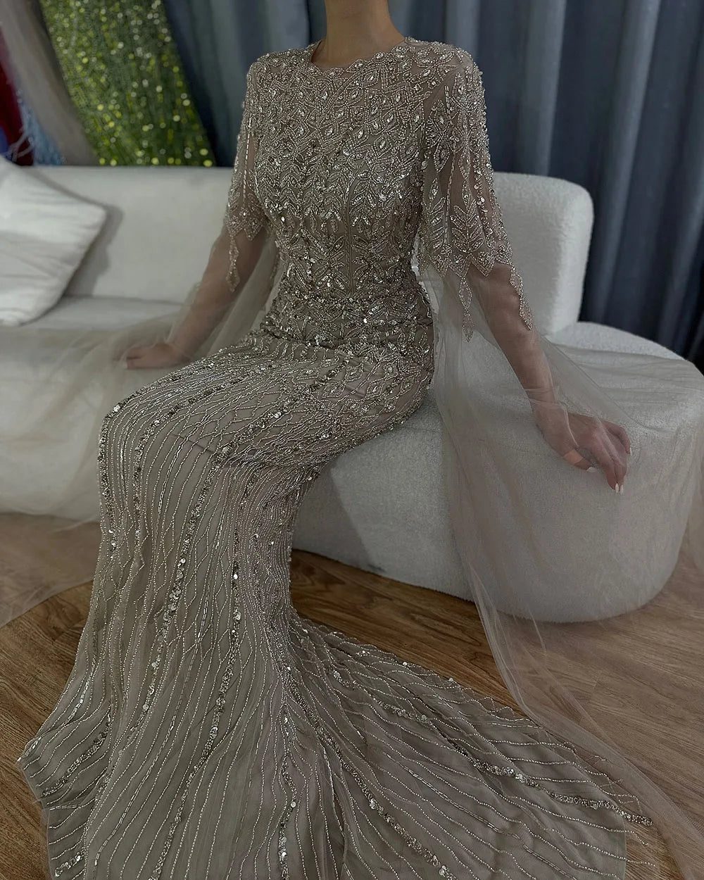 Dubai Caramel Elegant Cape Sleeve Luxury Beaded Evening Gown LA72775