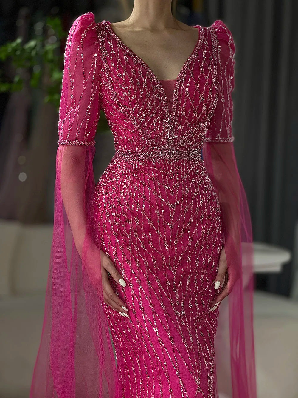 Luxury Fuchsia Evening Dress Mermaid Gown for Formal Occasion LA72774