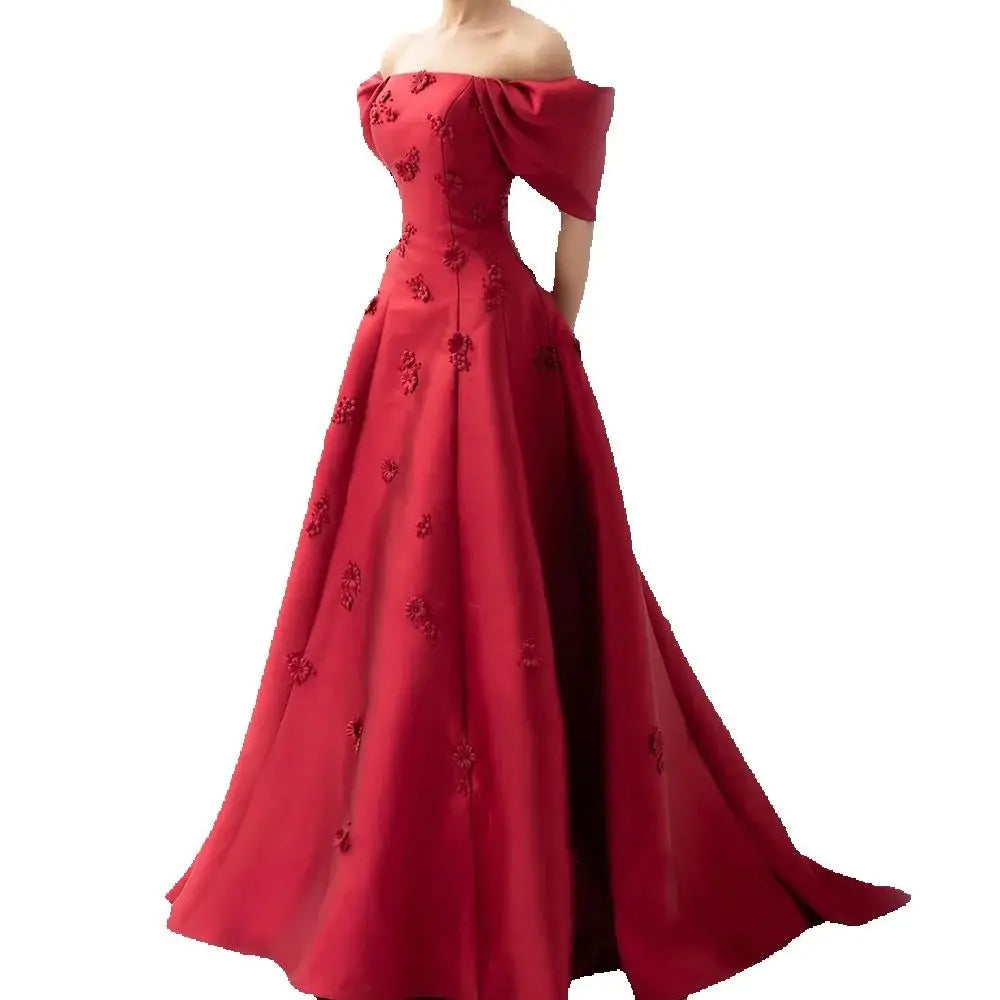 Luxury Dubai Saudi Arabia Elegant Off-Shoulder Wine Red A Line Evening Dress with Appliques Gown for Formal Occasion LA72778