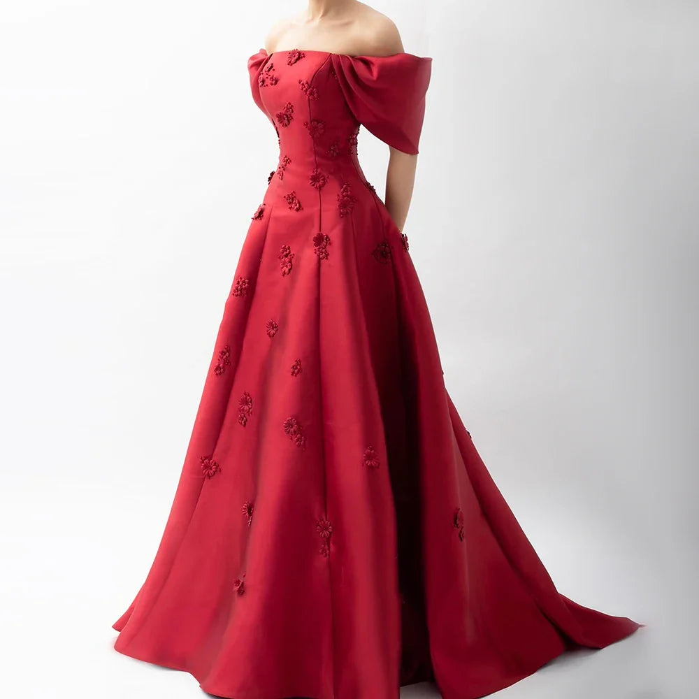 Luxury Dubai Saudi Arabia Elegant Off-Shoulder Wine Red A Line Evening Dress with Appliques Gown for Formal Occasion LA72778
