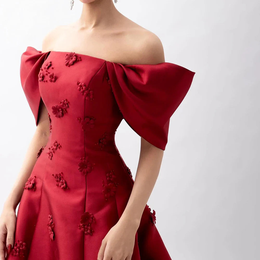 Luxury Dubai Saudi Arabia Elegant Off-Shoulder Wine Red A Line Evening Dress with Appliques Gown for Formal Occasion LA72778