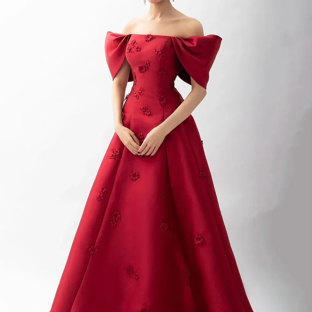 Luxury Dubai Saudi Arabia Elegant Off-Shoulder Wine Red A Line Evening Dress with Appliques Gown for Formal Occasion LA72778