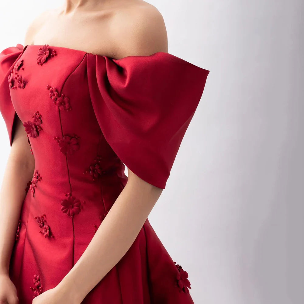 Luxury Dubai Saudi Arabia Elegant Off-Shoulder Wine Red A Line Evening Dress with Appliques Gown for Formal Occasion LA72778