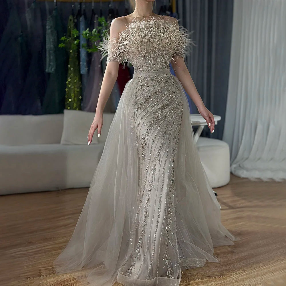 Luxury Dubai Saudi Arabic Beaded Caramel Mermaid Elegant Evening Dresses Gowns with Overskirt for Formal Occasion LA71634A