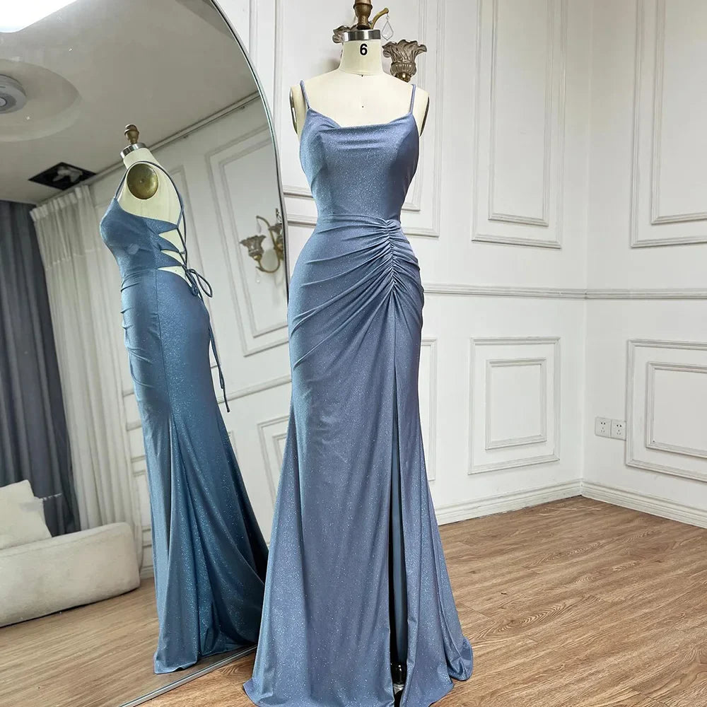 Luxury Dubai Saudi Arabic Blue Elegant Spaghetti Strap Mermaid Long Evening Gown with Split for Formal Occasion LA72720