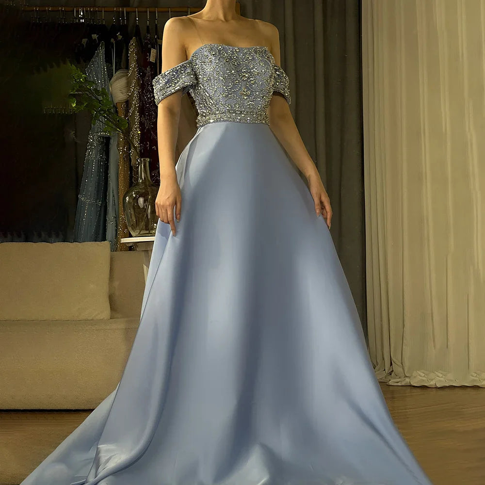 Luxury Dubai Saudi Arabic Elegant Blue Off-the-Shoulder A-Line Beaded Long Evening Gown for Formal Occasion LA72753