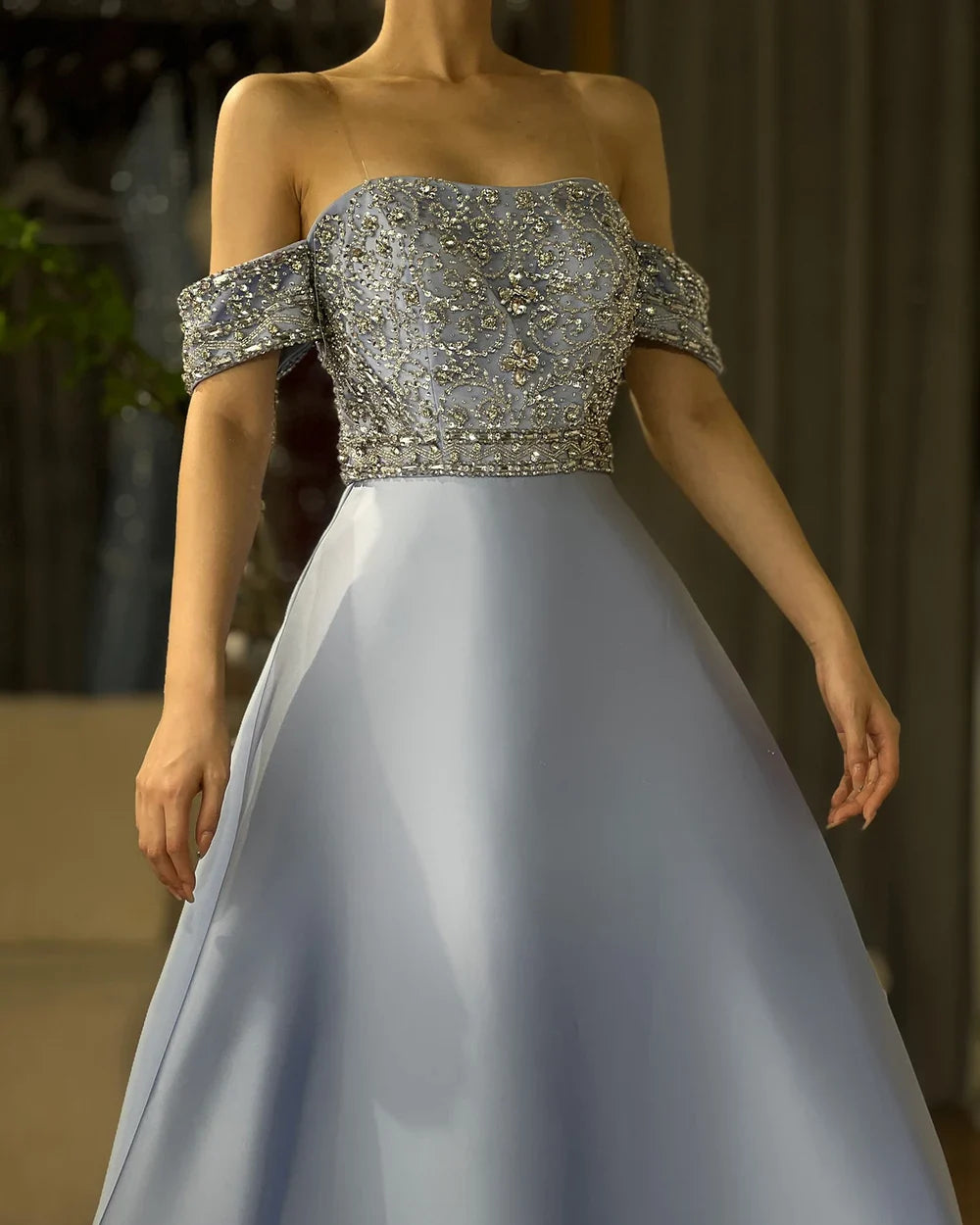 Luxury Dubai Saudi Arabic Elegant Blue Off-the-Shoulder A-Line Beaded Long Evening Gown for Formal Occasion LA72753
