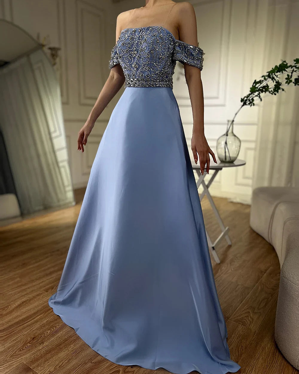 Luxury Dubai Saudi Arabic Elegant Blue Off-the-Shoulder A-Line Beaded Long Evening Gown for Formal Occasion LA72753