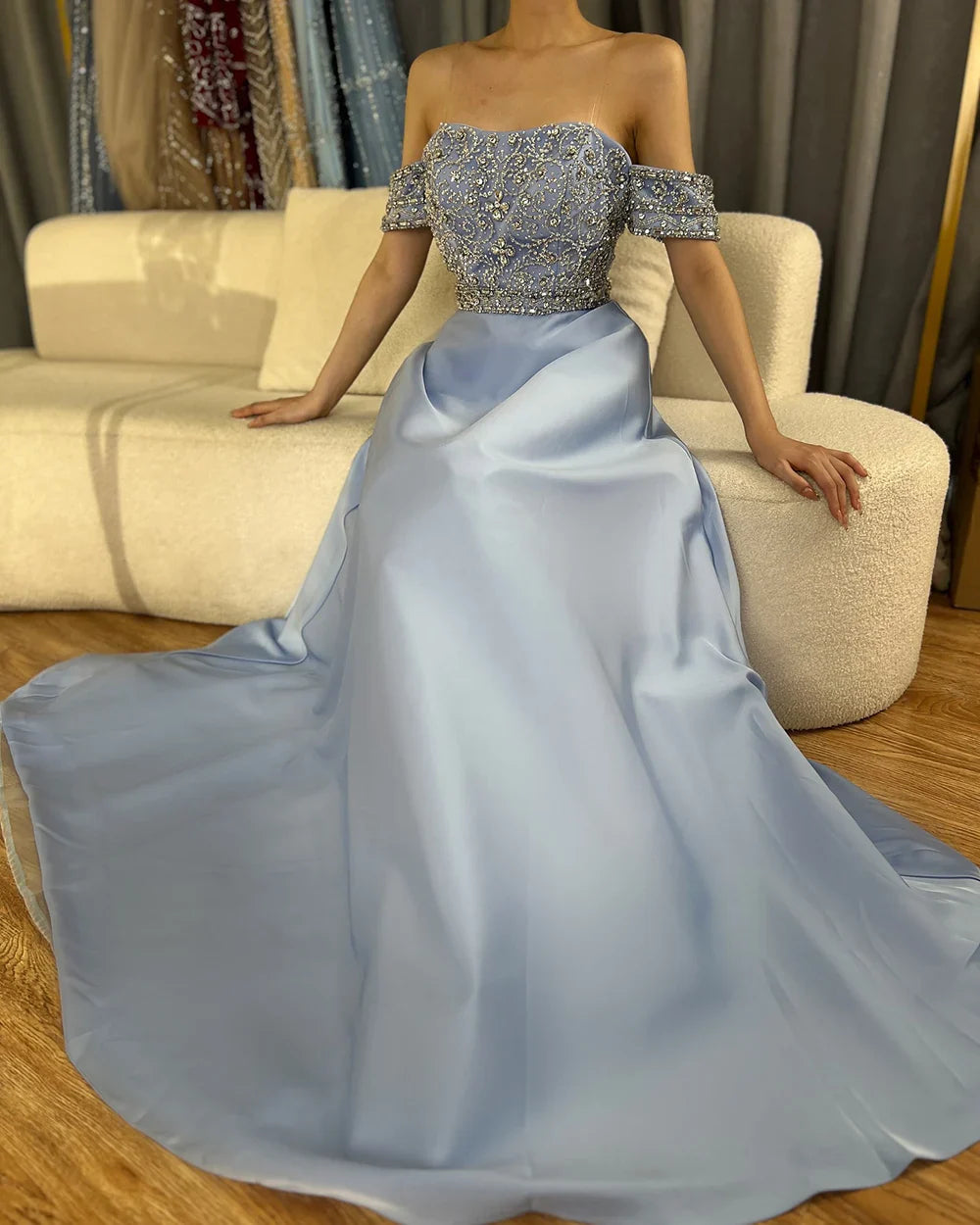 Luxury Dubai Saudi Arabic Elegant Blue Off-the-Shoulder A-Line Beaded Long Evening Gown for Formal Occasion LA72753