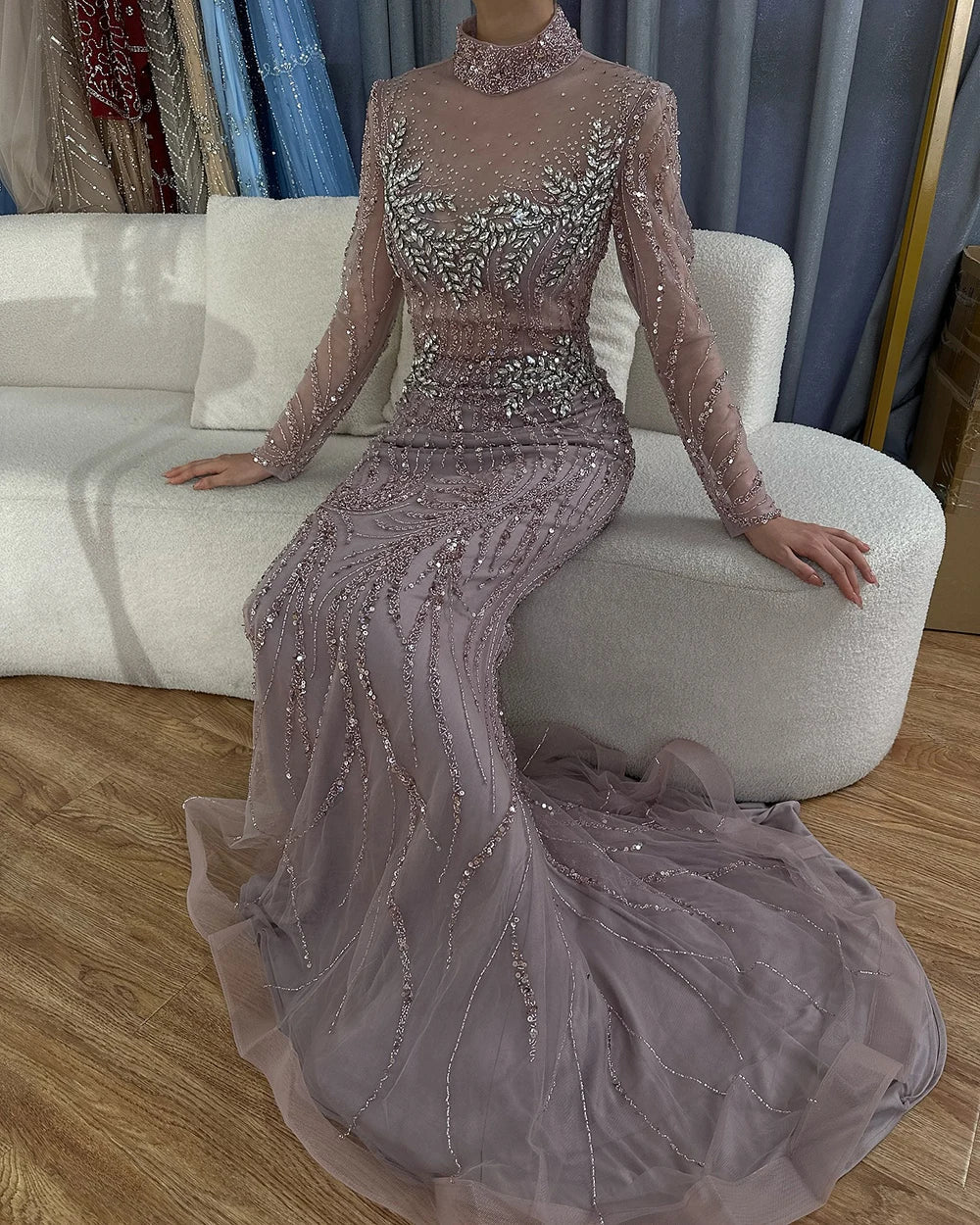 Luxury Dubai Saudi Arabic Elegant Pink Mermaid Beaded Long Evening Gown for Formal Occasion LA72754