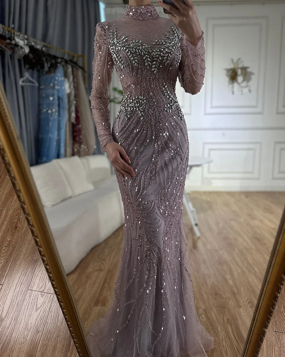 Luxury Dubai Saudi Arabic Elegant Pink Mermaid Beaded Long Evening Gown for Formal Occasion LA72754