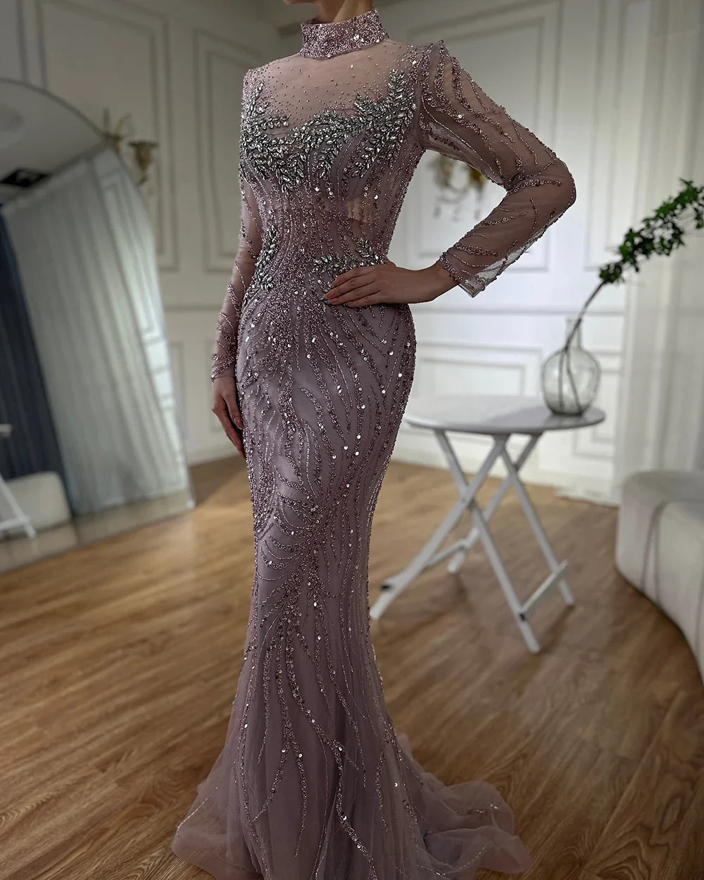Luxury Dubai Saudi Arabic Elegant Pink Mermaid Beaded Long Evening Gown for Formal Occasion LA72754