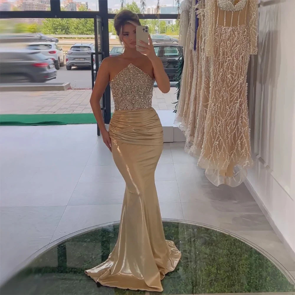Luxury Dubai Saudi Arabic Gold Elegant Evening Gown Crystal Beaded Dress for Formal Occasion LA72759