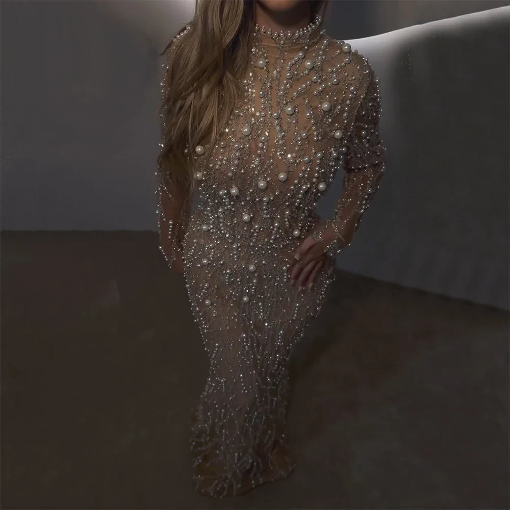 Luxury Dubai Saudi Arabic Luxury Pearls Beaded Nude Mermaid Evening Gown for Formal Occasion LA72345A