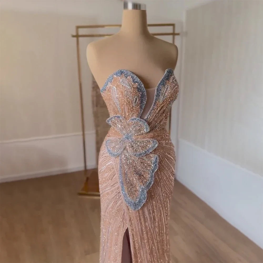 Luxury Dubai Saudi Arabic Pink Mermaid Evening Dress with High Split for Formal Occasion LA72480
