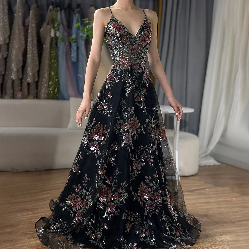 Luxury Dubai Spaghetti Strap A-Line Black Beaded Luxury Prom Dress for Formal Occasion Saudi Arabic LA72773