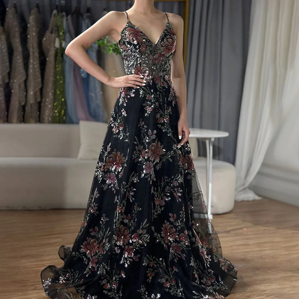 Luxury Dubai Spaghetti Strap A-Line Black Beaded Luxury Prom Dress for Formal Occasion Saudi Arabic LA72773