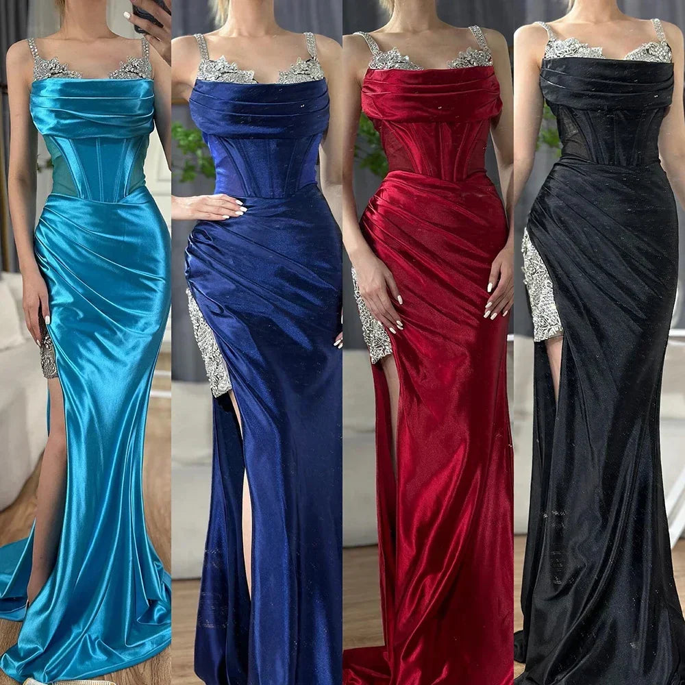 Luxuriöses Abendkleid aus weinrotem Satin mit Spaghettiträgern und hohem Schlitz aus Dubai, Saudi-Arabien, für formelle Anlässe, LA72776
