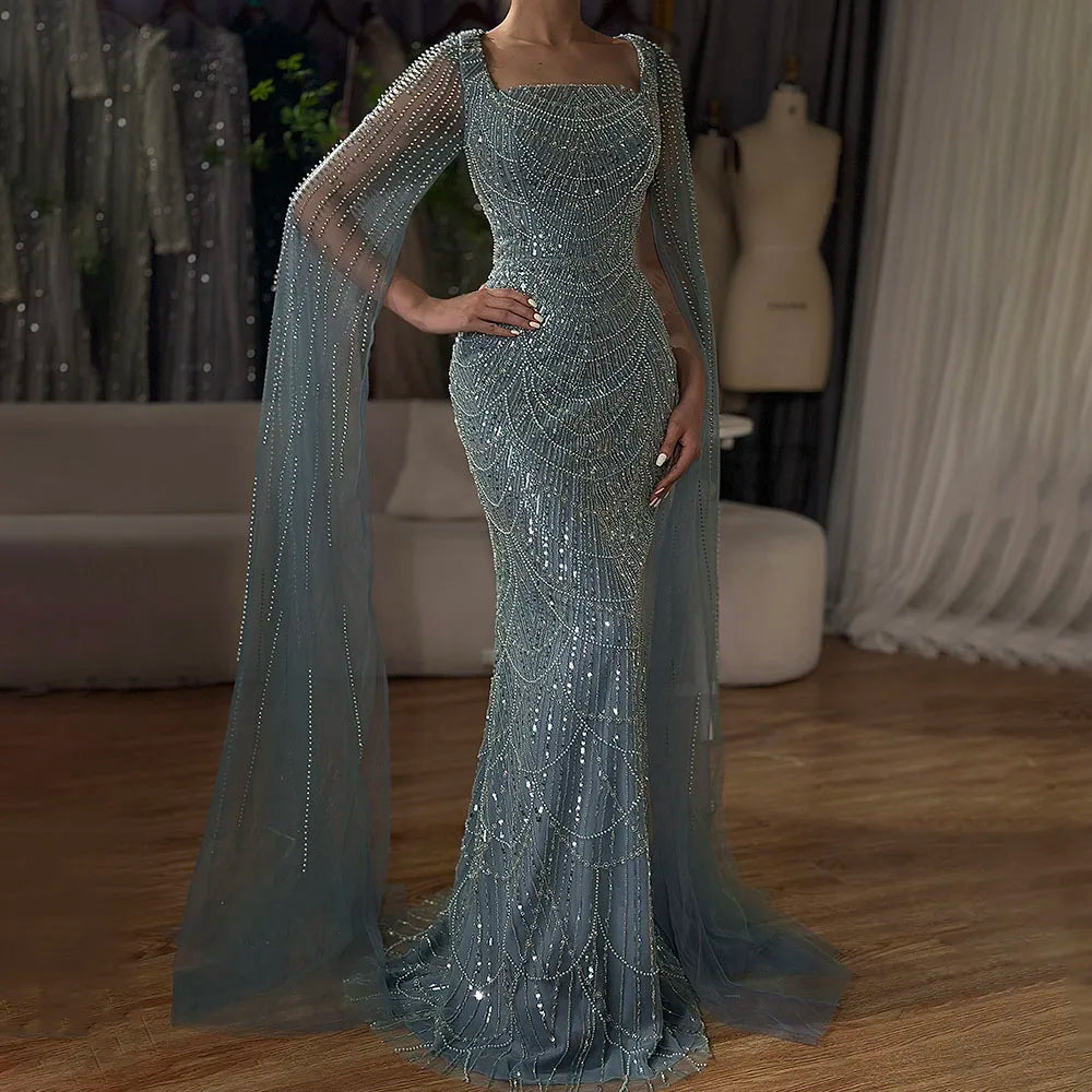 Luxury Arabic Mermaid Evening Dress with Cape Sleeves Plus SizeLA72590A