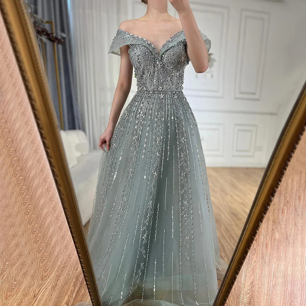 Luxury Dubai Saudi Arabic Gray Beaded Design A-Line Evening Dresses Gowns for Formal Occasion LA72731
