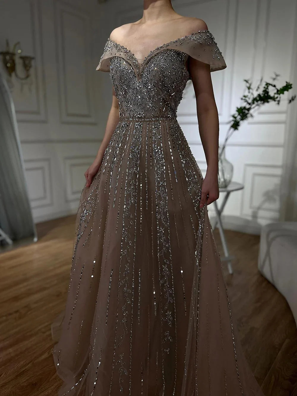 Luxury Dubai Saudi Arabic Gray Beaded Design A-Line Evening Dresses Gowns for Formal Occasion LA72731