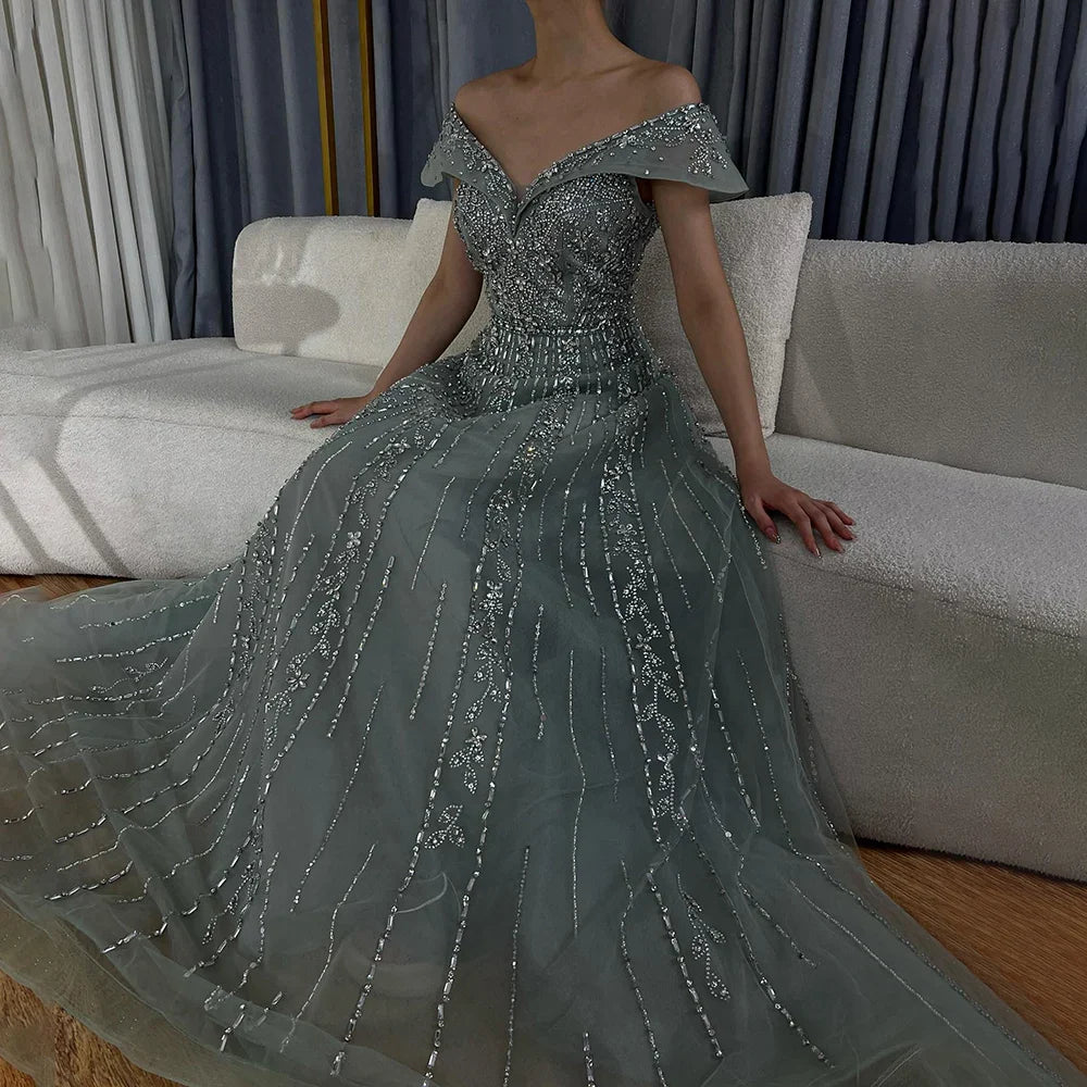 Luxury Dubai Saudi Arabic Gray Beaded Design A-Line Evening Dresses Gowns for Formal Occasion LA72731