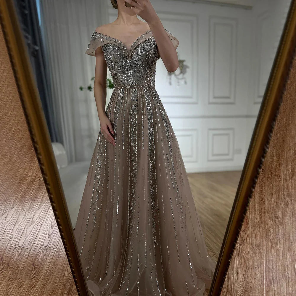 Luxury Dubai Saudi Arabic Gray Beaded Design A-Line Evening Dresses Gowns for Formal Occasion LA72731