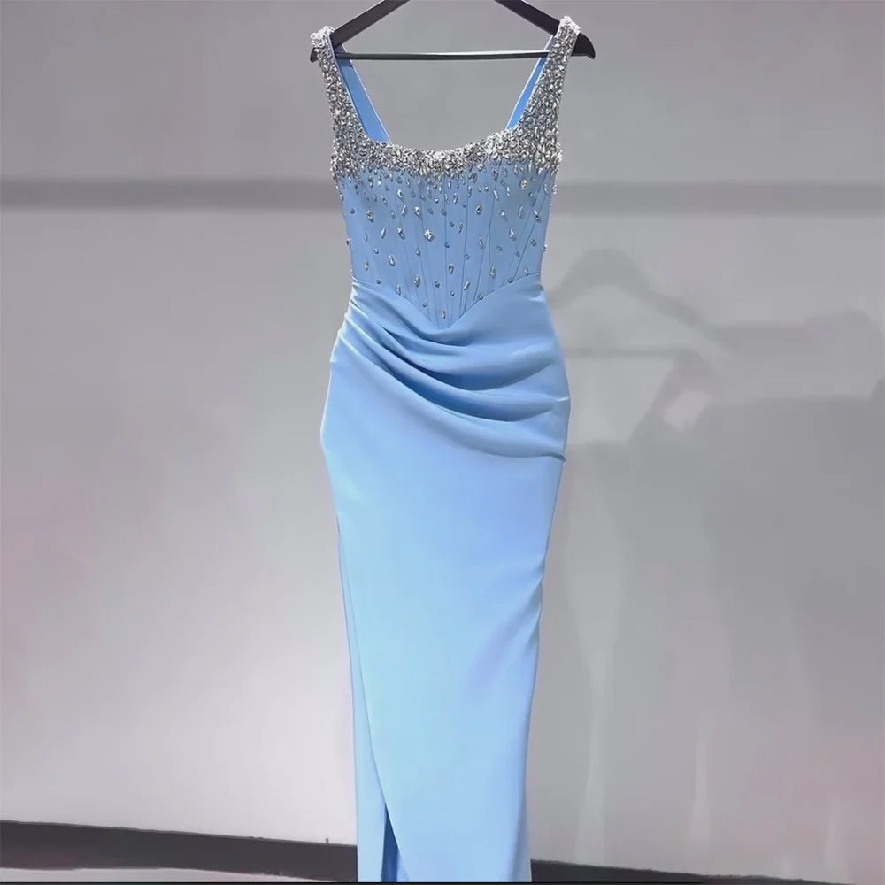 Luxury Dubai Saudi Blue Crystal Beaded Spaghetti Strap Mermaid Evening Dress Gown with Split for Formal Occasion LA72739