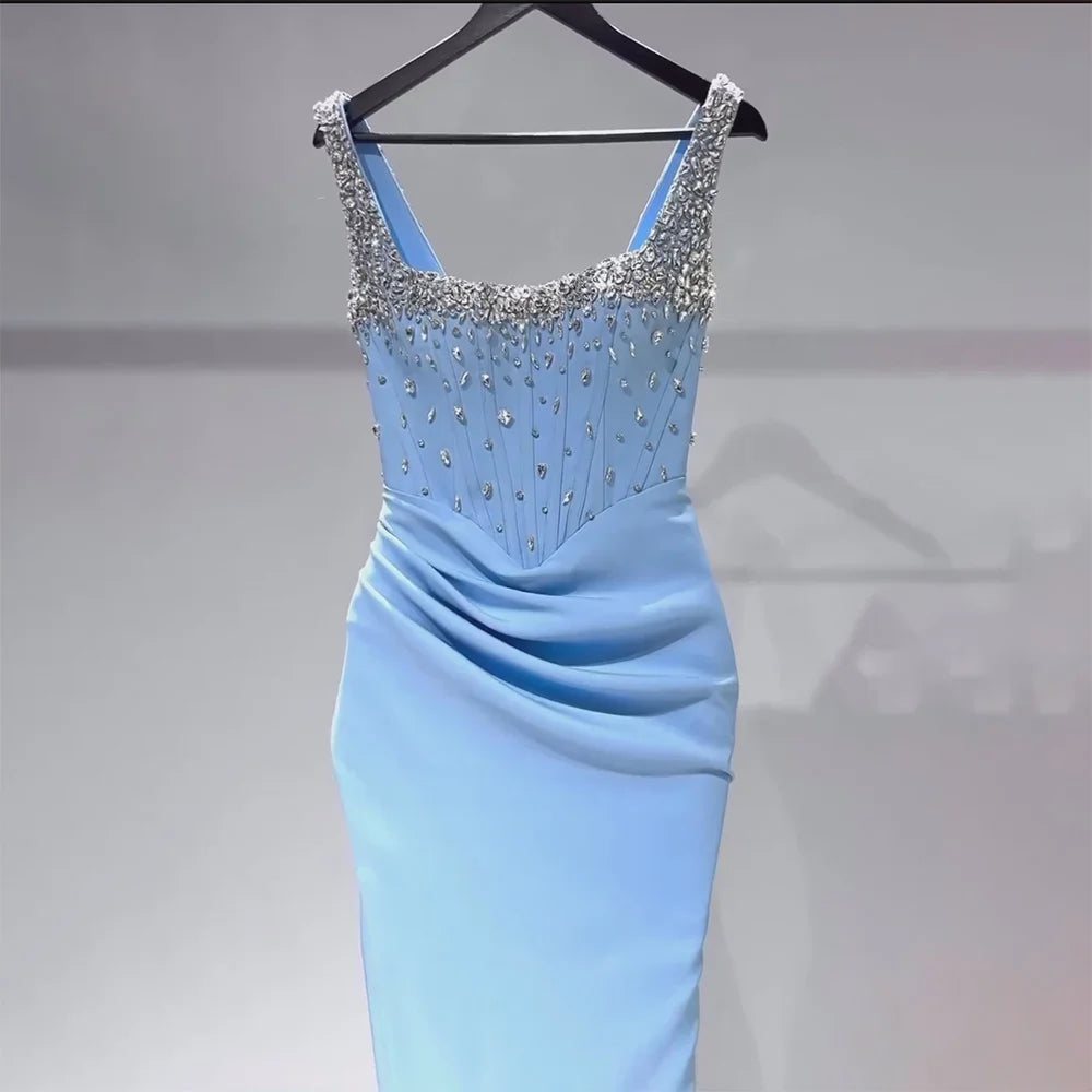 Luxury Dubai Saudi Blue Crystal Beaded Spaghetti Strap Mermaid Evening Dress Gown with Split for Formal Occasion LA72739