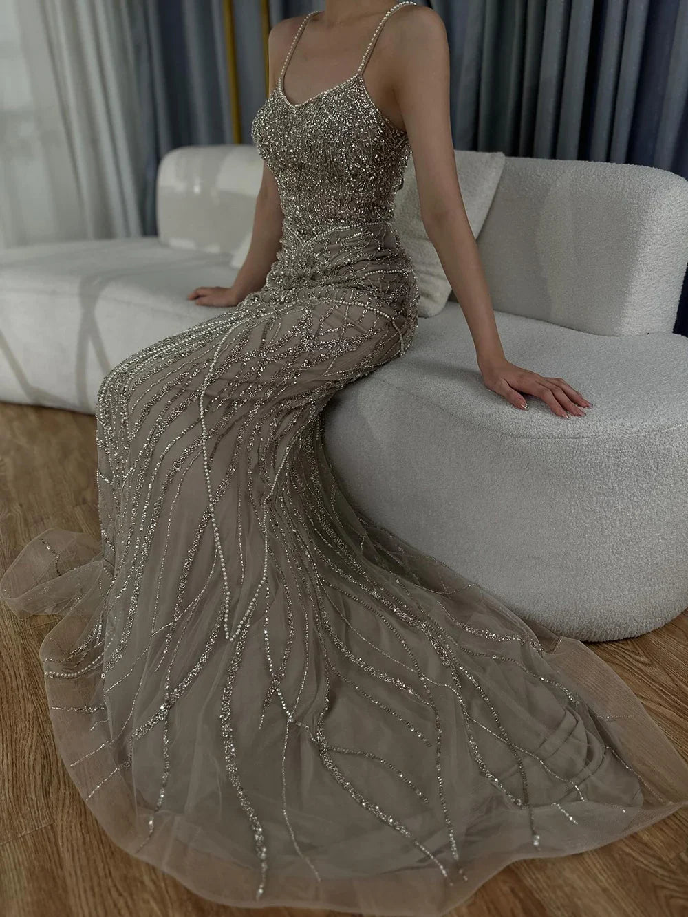 Luxury Dubai Saudi Caramel Beaded Spaghetti Strap Arabic Mermaid Evening Dress Gown for Formal Occasion LA72733