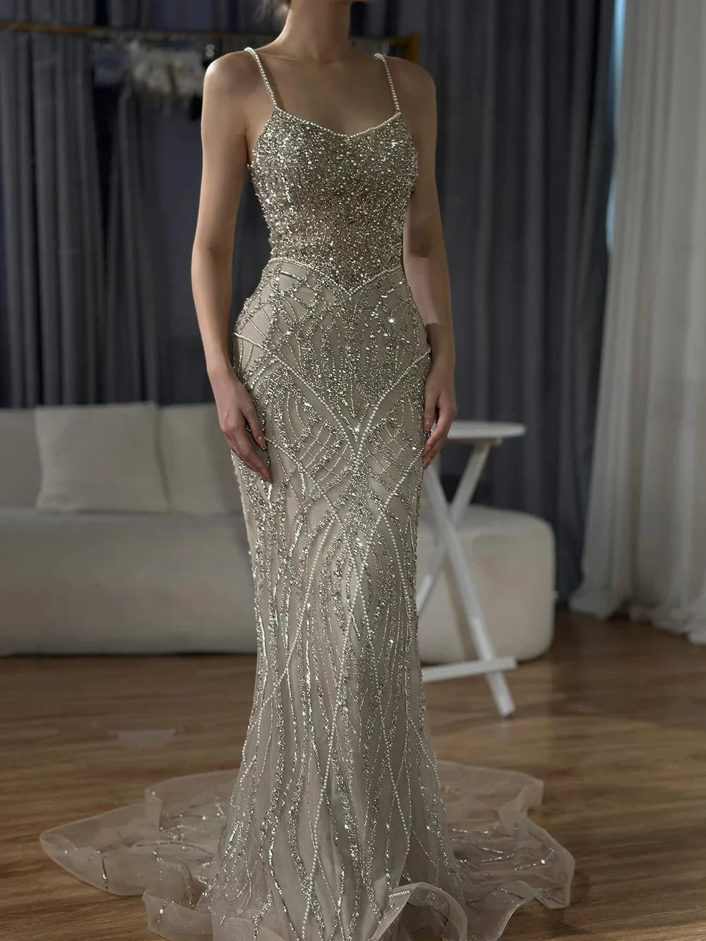 Luxury Dubai Saudi Caramel Beaded Spaghetti Strap Arabic Mermaid Evening Dress Gown for Formal Occasion LA72733