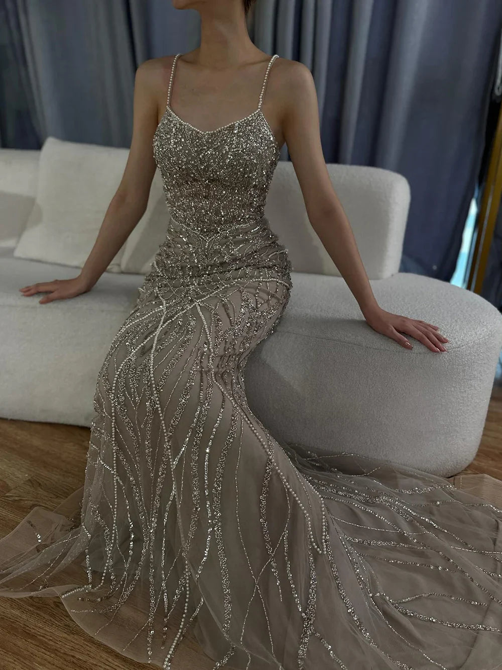 Luxury Dubai Saudi Caramel Beaded Spaghetti Strap Arabic Mermaid Evening Dress Gown for Formal Occasion LA72733
