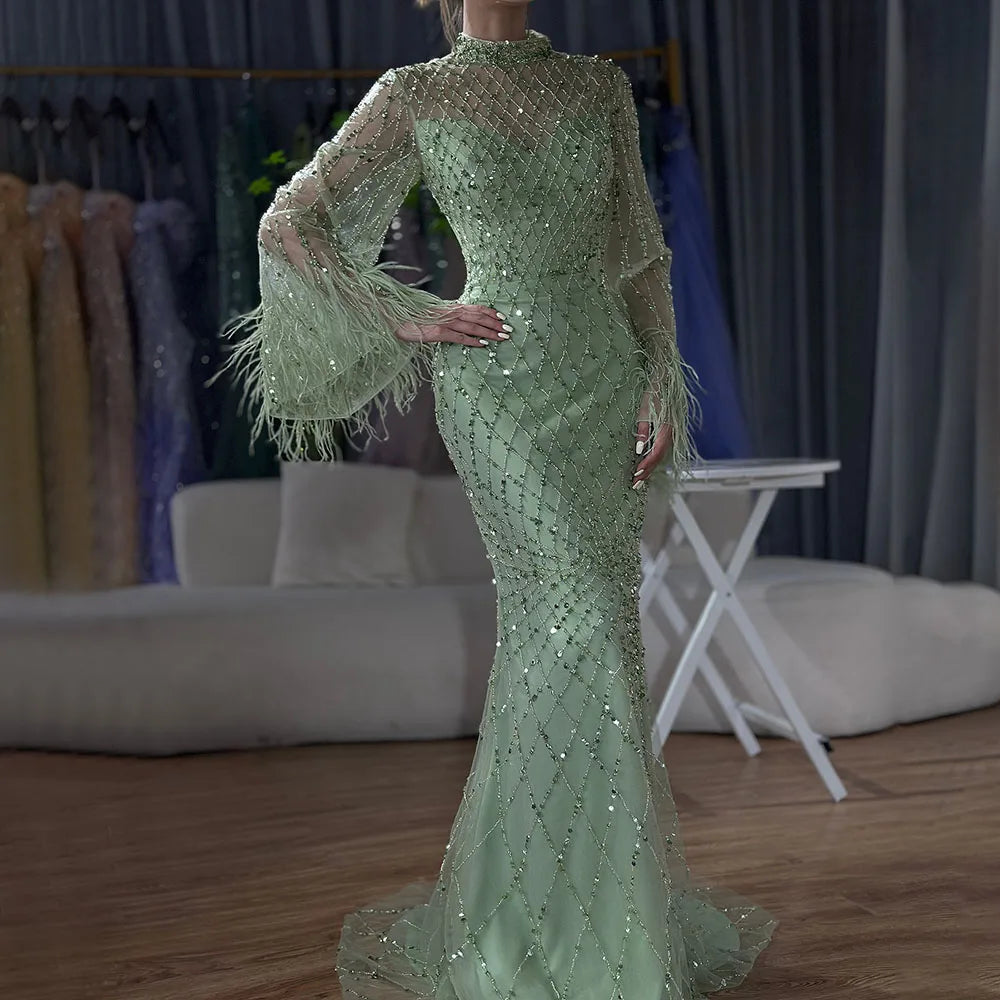 Luxury Dubai Caramel Beaded Feathers Mermaid Evening Dress LA72394A