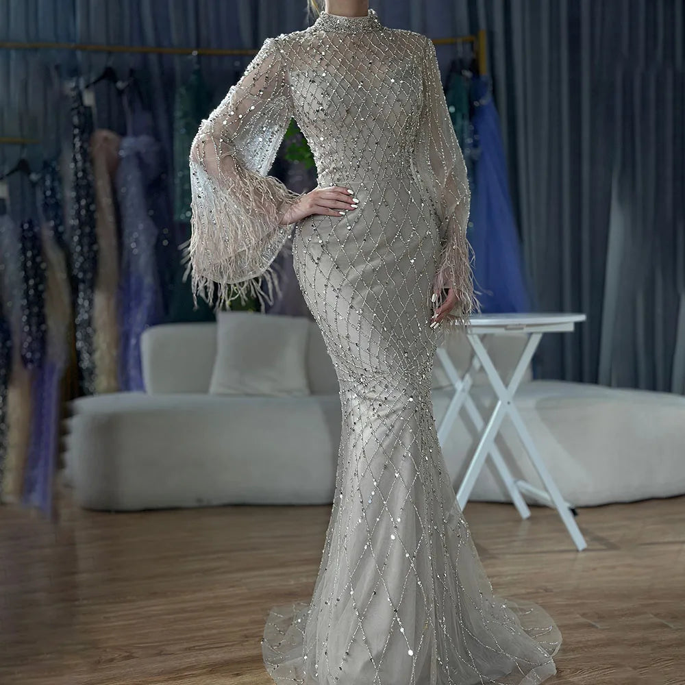 Luxury Dubai Caramel Beaded Feathers Mermaid Evening Dress LA72394A