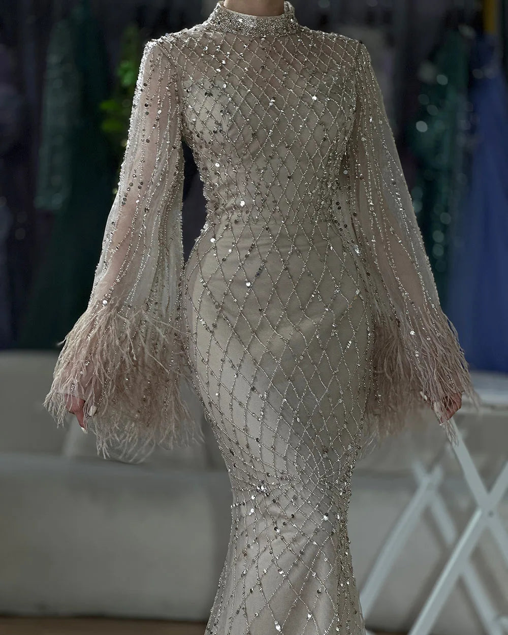 Luxury Dubai Caramel Beaded Feathers Mermaid Evening Dress LA72394A