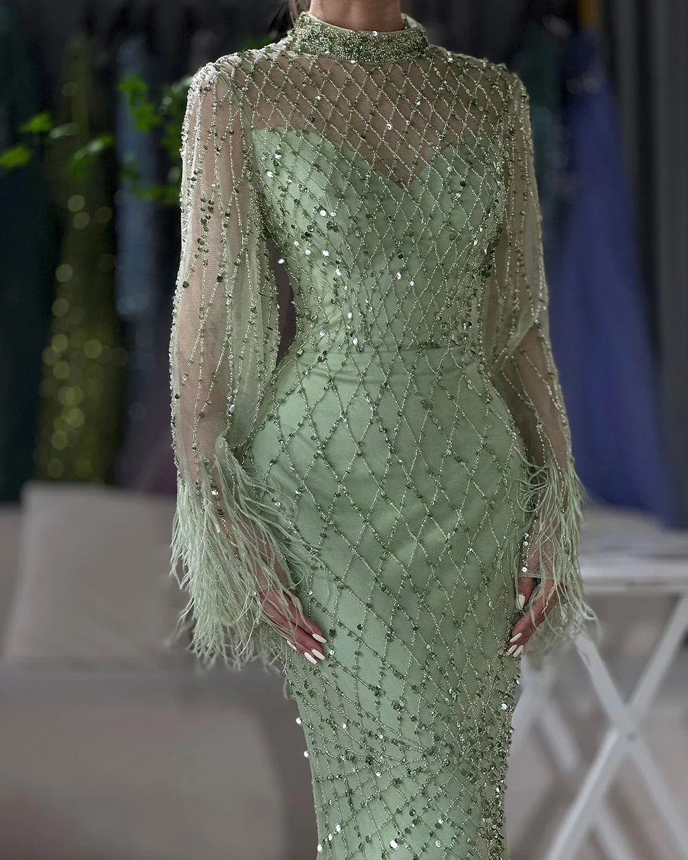 Luxury Dubai Caramel Beaded Feathers Mermaid Evening Dress LA72394A