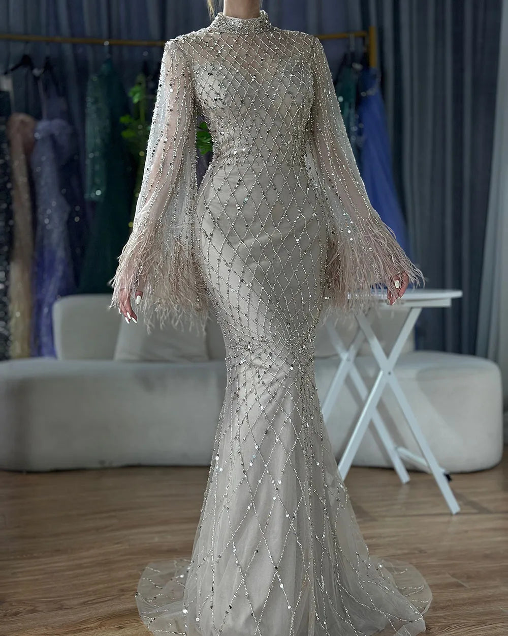 Luxury Dubai Caramel Beaded Feathers Mermaid Evening Dress LA72394A