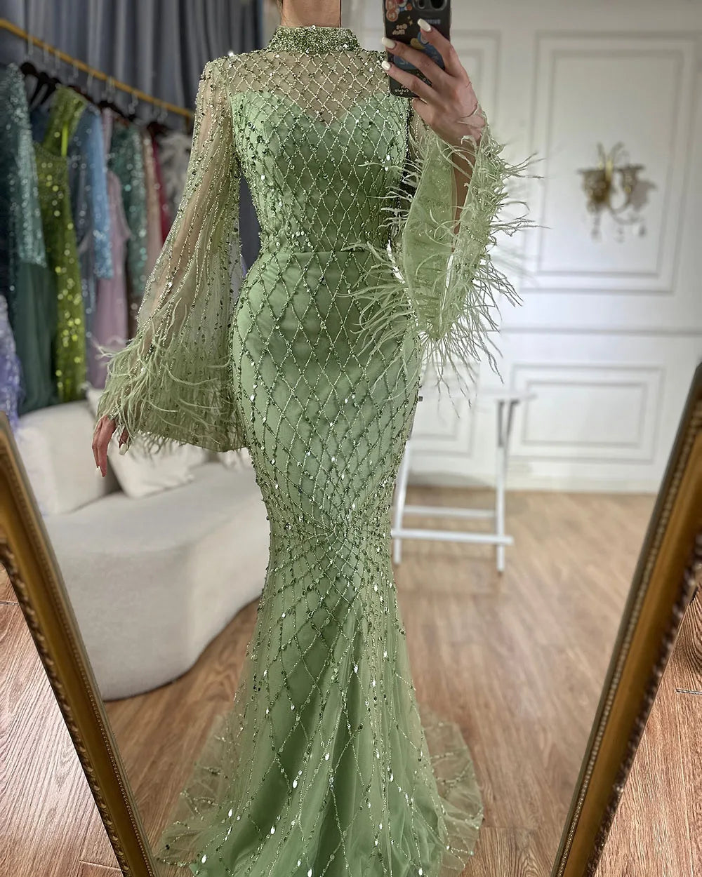 Luxury Dubai Caramel Beaded Feathers Mermaid Evening Dress LA72394A
